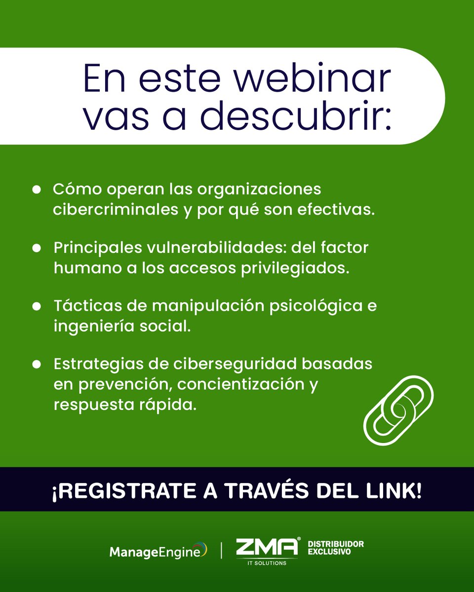 ZMAITSolutions's tweet image. 🔐💡El cibercrimen organizado está más avanzado que nunca. Este 20 de agosto, el equipo de #ManageEngineLATAM compartirá tácticas de ingeniería social y estrategias para formar equipos capaces de anticipar, resistir y responder a las amenazas 🚀