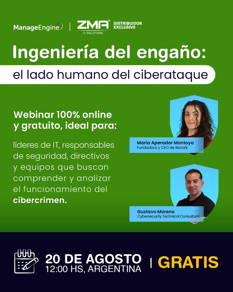 ZMAITSolutions's tweet image. 🔐💡El cibercrimen organizado está más avanzado que nunca. Este 20 de agosto, el equipo de #ManageEngineLATAM compartirá tácticas de ingeniería social y estrategias para formar equipos capaces de anticipar, resistir y responder a las amenazas 🚀