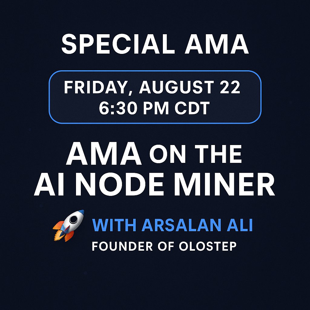 📢 AMA this Fri, Aug 22 @ 6:30pm CDT in our Discord!

Topic: AI Node Miner, deep dive + live Q&amp;A

 Guest: Arslan Ali, Founder of Olostep 🚀

Bring questions or post them early in the AMA questions channel.
Join: discord.gg/frynetworks

#DePIN #FryNetworks #AI #Olostep