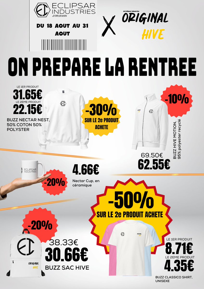 Eclipsar Industries SAS (@eclipsarteam) on Twitter photo La rentrée approche et on vous a préparé des offres qui piquent fort chez <a href="/OriginalHivee/">Original Hive de "Eclipsar Industries"</a> !
👉 Du 18 au 31 août, profitez de réductions spéciales sur vos essentiels :
-30 % sur le 2e sweat Buzz Nectar Nest
-10 % sur la veste Buzz Hive Motion
-20 % sur la Nectar Cup et le Buzz La rentrée approche et on vous a préparé des offres qui piquent fort chez <a href="/OriginalHivee/">Original Hive de "Eclipsar Industries"</a> !
👉 Du 18 au 31 août, profitez de réductions spéciales sur vos essentiels :
-30 % sur le 2e sweat Buzz Nectar Nest
-10 % sur la veste Buzz Hive Motion
-20 % sur la Nectar Cup et le Buzz