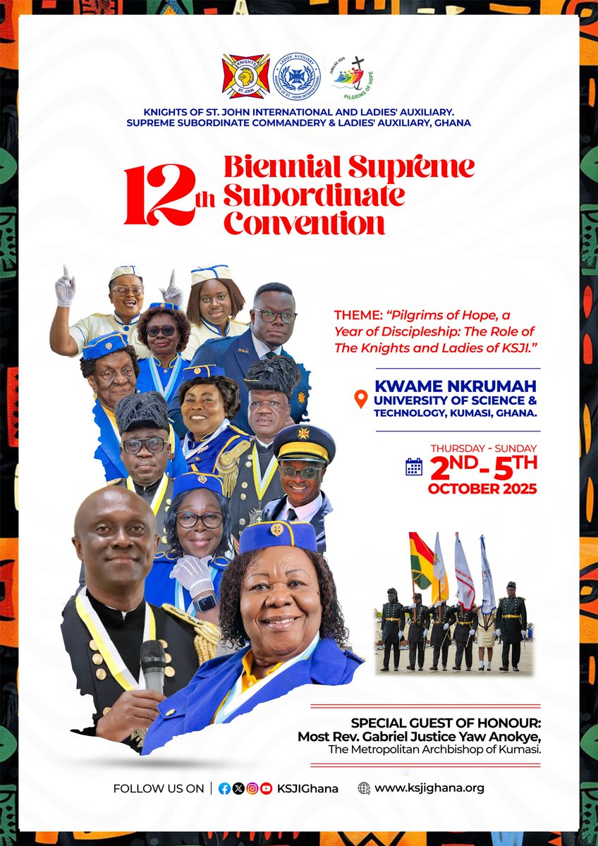 📣 The wait is almost over!

The 12th Biennial Supreme Subordinate Convention comes off at KNUST, Kumasi | 2nd – 5th Oct 2025.

Theme: “Pilgrims of Hope, a Year of Discipleship.”

⚔️ #WeAreKSJIGhana | #12thBSSC | #PilgrimsOfHope