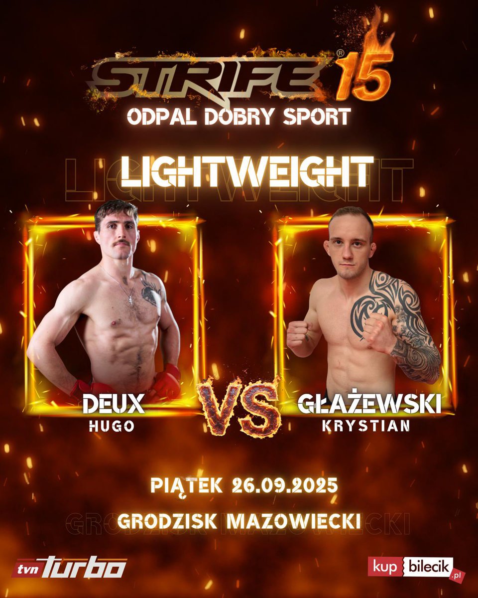 🔥 WOW FIGHT! 🔥

Hugo Deux (5-1) - na gali STRIFE 15 - podejmie niepokonanego Krystiana Głażewskiego (4-0)! 👊🏻

Czy zawodnik Ankosu powstrzyma będącego na fali dwóch zwycięstw Francuza? 🤔

Odpowiedź już 26.09. w Grodzisku Mazowieckim, no i na antenie TVN Turbo 😎