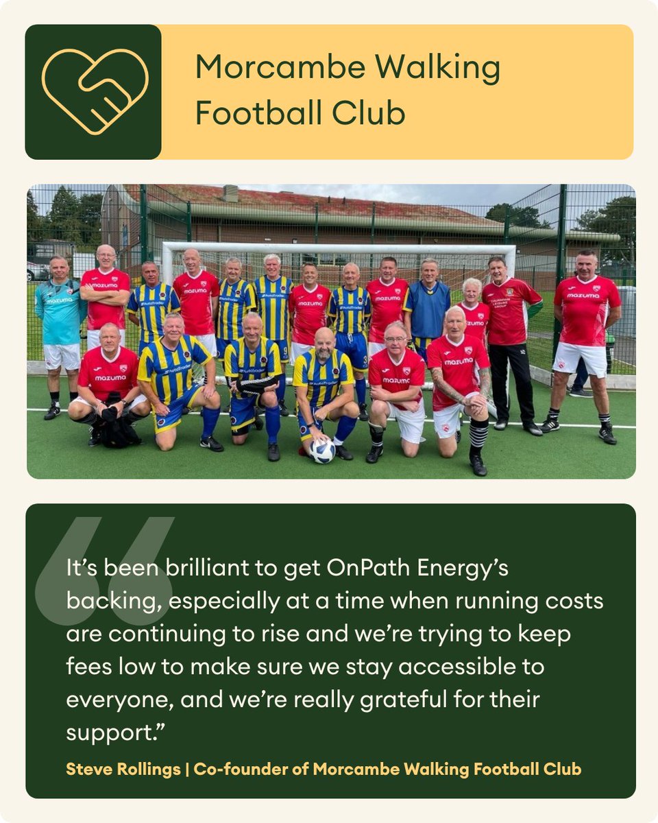 Walking football club scores £1,000 grant from Heysham South Wind Farm Community Fund ⚽💚
 
We are proud to support projects like this that build community value and help local people stay healthy and social!
 
Read the full story here! 🔗 bit.ly/3HE7UOo