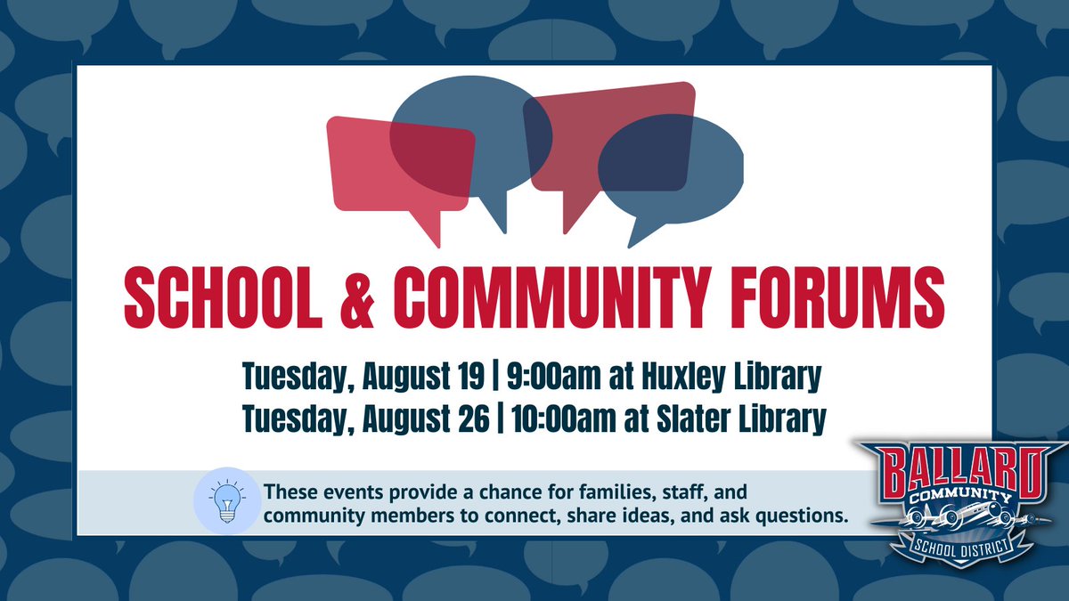 Our School &amp; Community Forums are back! 💫

➡️ Tuesday, August 19, 9:00am, Huxley Library
➡️ Tuesday, August 26, 10:00am, Slater Library

We look forward to hearing from you and working together to support our schools!