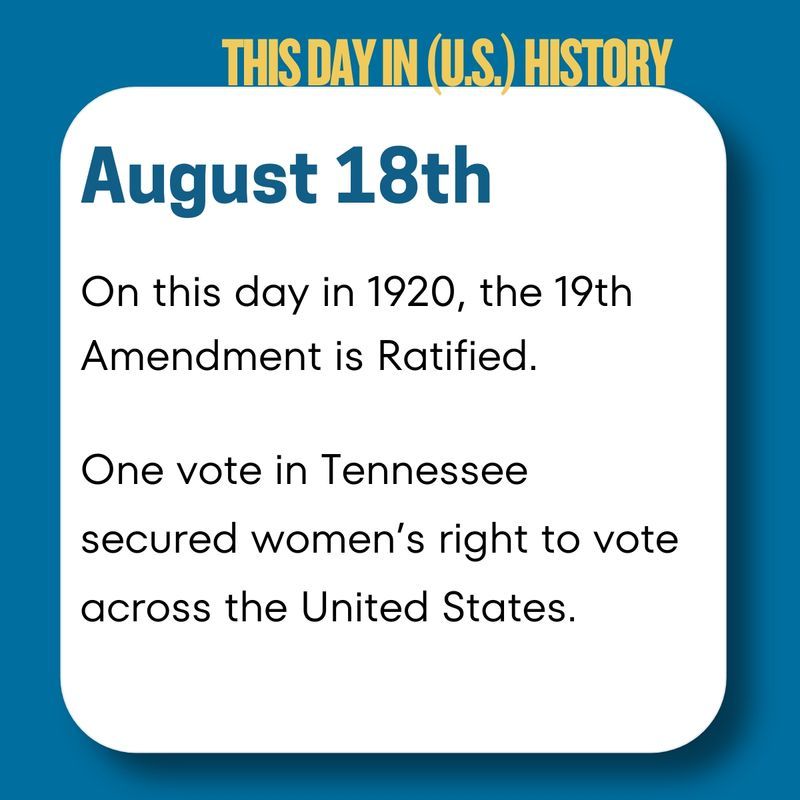 On this day in 1920, the 19th Amendment was ratified, guaranteeing women the right to vote.

One Tennessee legislator’s last-minute change after a letter from his mother made it possible.

Progress can hinge on a single act of courage.

#VotingRights #ThisDayInHistory