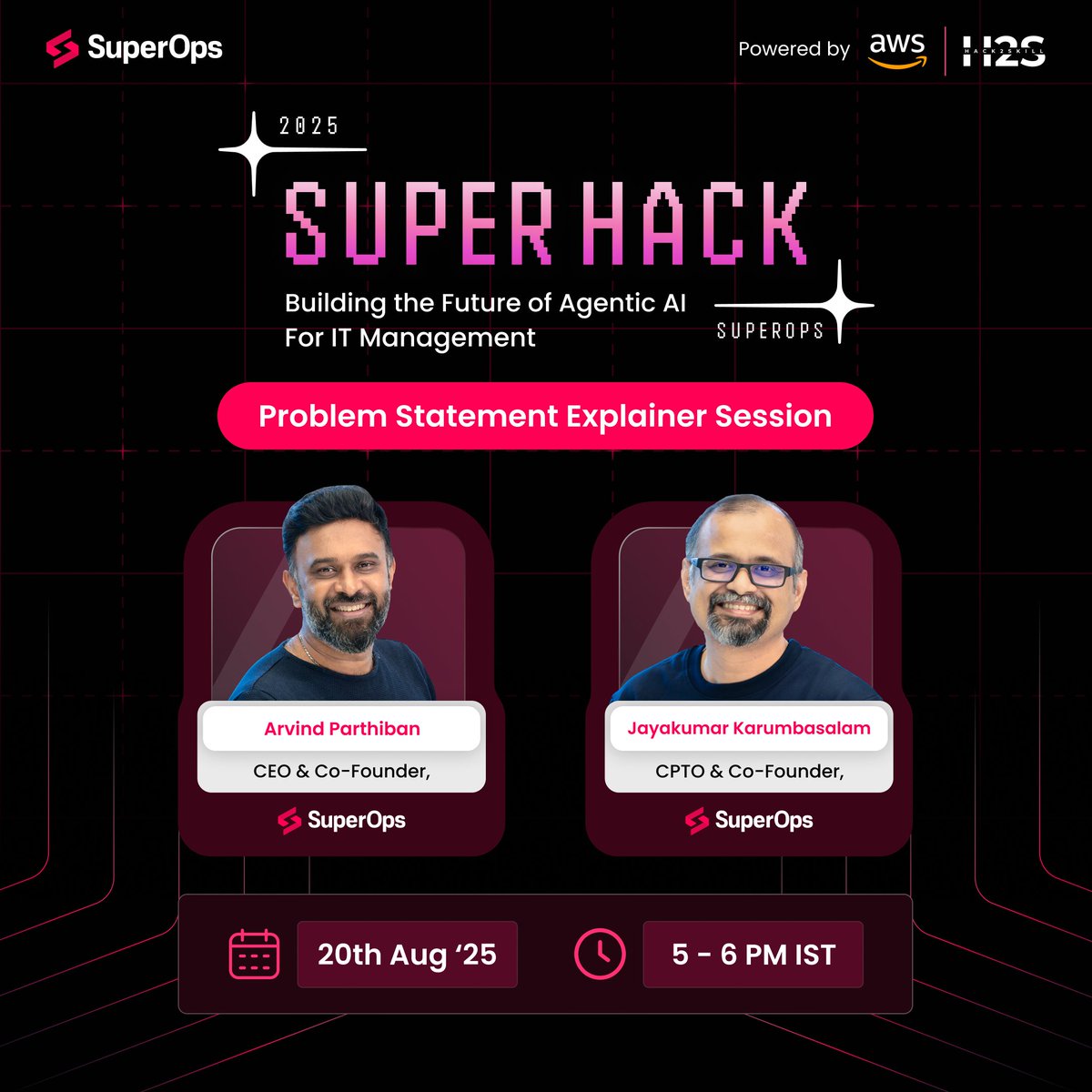 hack2skill's tweet image. We’re excited to announce the Problem Statement Explainer Session for SuperHack 2025! 🚀

Date: 20th August, 2025
Time: 5:00 PM

Don’t miss this chance to gain deeper understanding before you start building!

Register now: bit.ly/SuperHack2025

#SuperHack #SuperOps #Hackathon