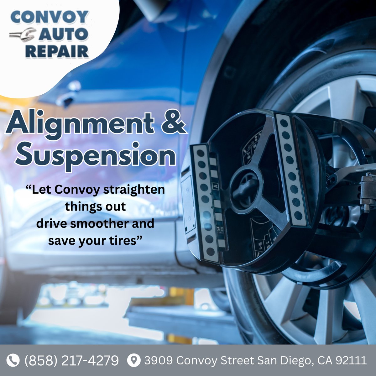 ConvoyAuto's tweet image. Car pulling to one side or riding rough? 🛞
 It might be your alignment or suspension. At Convoy Auto Repair, we’ll check it thoroughly—no surprises, just expert care.
 Book now 👉 convoyautorepair.com
 #AlignmentCheck #DriveSmoothSD #ConvoyAutoRepair