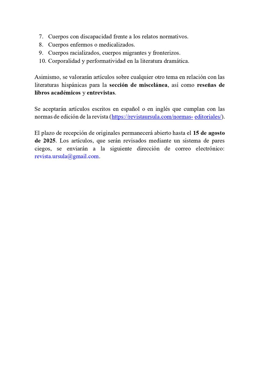 RevistaUrsula's tweet photo. CFP "Corporalidad y escritura" + sección miscelánea. Ampliado hasta el 1 DE OCTUBRE 2025. https://t.co/63aq4VrFHS