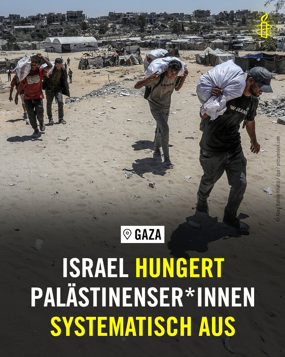 Neue Zeug*innenberichte belegen das gezielte Aushungern der palästinensischen Bevölkerung in Gaza durch Israel. Die Schilderungen der Zeug*innen bestätigen: Die tödliche Kombination aus Hunger &amp; Krankheit ist kein unglücklicher Nebeneffekt der Militäroperation Israels. 1/6