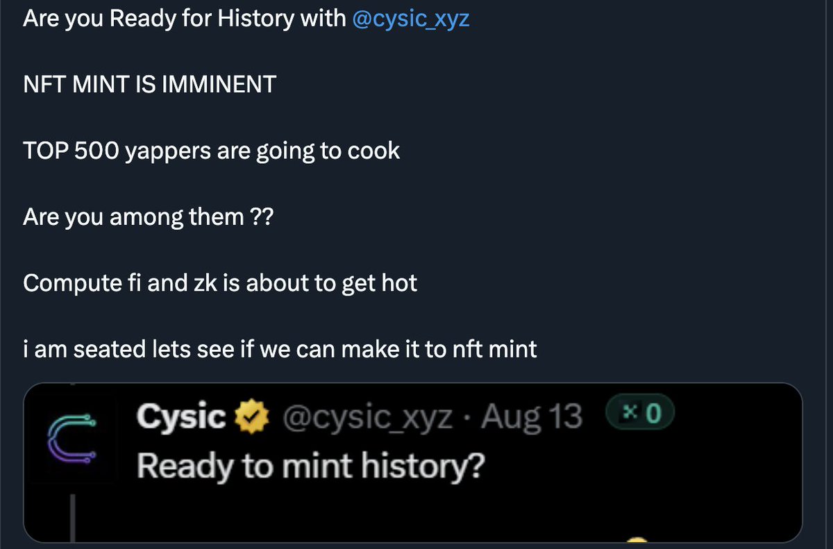 This is a Compute Fi and ZK season.

If <a href="/cysic_xyz/">Cysic</a> NFTs are coming, I'm ready to mint.

LFG!