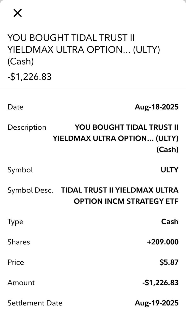 DivysQueen's tweet photo. Just scooped up 209 more shares in my ROTH IRA of $ULTY during today’s dip at $5.87 – turning market volatility into weekly TAX FREE income! 💰🚀
Dips are gifts, folks!
#KeepStacking
🇺🇸
#ULTY #YieldMax #HighYieldETFs #DipBuying #OptionsIncome #DividendGang #Investing #StockMarket #ETFs #YieldMaxETFs #RoundhillInvestments #OptionIncome #Finance #InvestmentLessons #Trading #PersonalFinance #YieldMax #Roundhill #TSLA #MARA #MSTR #PLTR #OptionsTrading #DividendInvesting #ETFInvesting #MarketPullback #Drawdown #InvestorMindset #WealthBuilding #FinancialFreedom #Stocks #CryptoETFs #TechStocks #InvestmentCommunity #PortfolioManagement #RiskManagement #RetirementPlanning