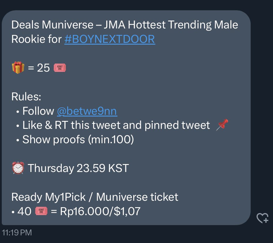 gabi •ᴗ• no genre | fan acc (@woon_nyangz) on Twitter photo Deals Muniverse – JMA Hottest Trending Male Rookie for #BOYNEXTDOOR
🎁 = 25 🎟
Rules:
• Follow <a href="/betwe9nn/">rey | wts mubeat idol champ gold heart my1pick INA</a>
• Like & RT this tweet and pinned tweet 📌
• Show proofs (min.100)
⏰ Thursday 23.59 KST
Ready My1Pick / Muniverse ticket
• 40 🎟 = Rp16.000/$1,07 Deals Muniverse – JMA Hottest Trending Male Rookie for #BOYNEXTDOOR
🎁 = 25 🎟
Rules:
• Follow <a href="/betwe9nn/">rey | wts mubeat idol champ gold heart my1pick INA</a>
• Like & RT this tweet and pinned tweet 📌
• Show proofs (min.100)
⏰ Thursday 23.59 KST
Ready My1Pick / Muniverse ticket
• 40 🎟 = Rp16.000/$1,07