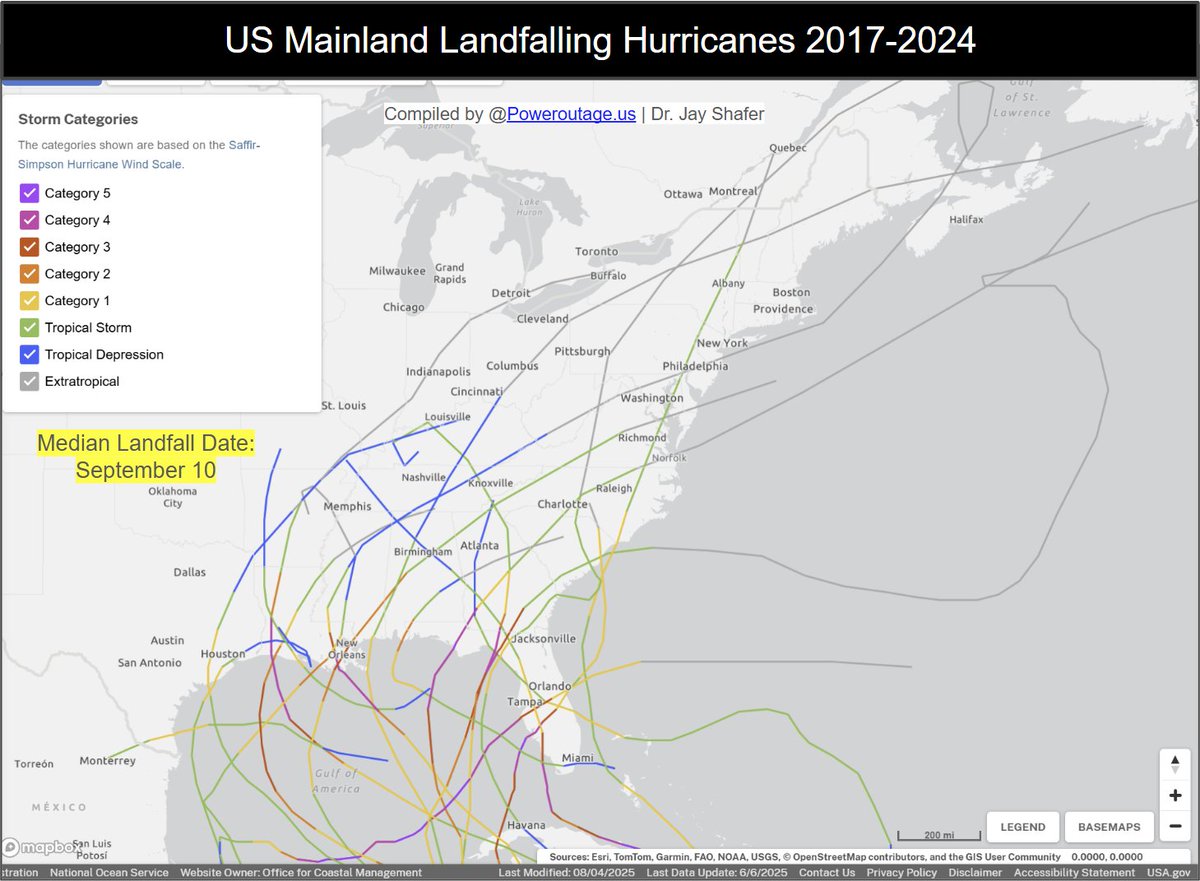 Landfalling hurricanes are relatively rare events - data from the last 8 seasons shows where hurricanes have made landfall, with LA and the west coast of FL having some of the most frequent and intense storms. <a href="/PowerOutage_us/">PowerOutage.us</a>