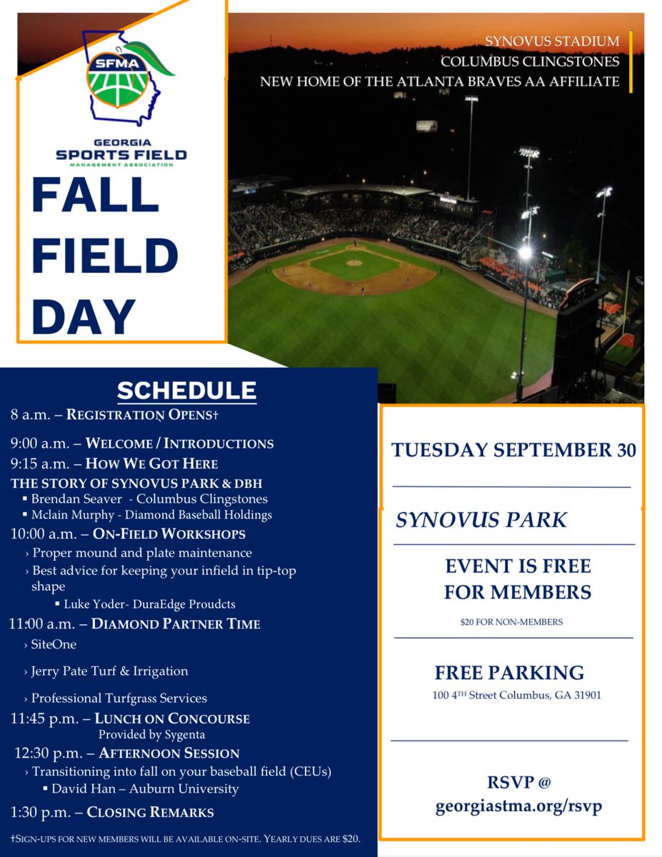 Georgia SFMA (@georgiasfma) on Twitter photo #GASFMA Fall Field Day!! 🍑⚾️🔥
-Brendan Seaver <a href="/GoClingstones/">Columbus Clingstones</a>
-<a href="/luke_yoder/">Luke Yoder</a> <a href="/DuraEdge/">DuraEdge Products</a>
-McClain Murphy <a href="/diamondbaseball/">Diamond Baseball Holdings</a>
-David Han <a href="/AuburnAg/">Auburn Agriculture</a>
🗓️: Sept. 30
💲: 🆓 ($20 for non-members)
📬: georgiastma.org/rsvp
💎🤝 <a href="/SiteOneSupply/">SiteOne Landscape Supply</a> <a href="/JerryPateCo/">Jerry Pate Turf & Irrigation / Century Equipment</a> <a href="/turfservpro/">Professional Turfgrass Services</a> #GASFMA Fall Field Day!! 🍑⚾️🔥
-Brendan Seaver <a href="/GoClingstones/">Columbus Clingstones</a>
-<a href="/luke_yoder/">Luke Yoder</a> <a href="/DuraEdge/">DuraEdge Products</a>
-McClain Murphy <a href="/diamondbaseball/">Diamond Baseball Holdings</a>
-David Han <a href="/AuburnAg/">Auburn Agriculture</a>
🗓️: Sept. 30
💲: 🆓 ($20 for non-members)
📬: georgiastma.org/rsvp
💎🤝 <a href="/SiteOneSupply/">SiteOne Landscape Supply</a> <a href="/JerryPateCo/">Jerry Pate Turf & Irrigation / Century Equipment</a> <a href="/turfservpro/">Professional Turfgrass Services</a>