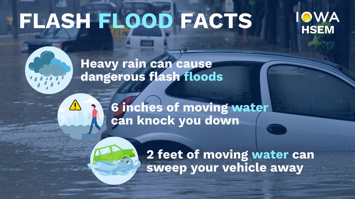 IowaHSEM (@iowahsem) on Twitter photo Heavy rainfall 🌧️ is possible in Iowa. Heavy rain can cause flash #flooding on urban streets & cause local rivers/streams to rise.
📲 Be alert if you live in flood prone areas
🚫 Never drive through flooded roadways
🌛 Use extra caution at night
Ready.iowa.gov/floods #ReadyIA Heavy rainfall 🌧️ is possible in Iowa. Heavy rain can cause flash #flooding on urban streets & cause local rivers/streams to rise.
📲 Be alert if you live in flood prone areas
🚫 Never drive through flooded roadways
🌛 Use extra caution at night
Ready.iowa.gov/floods #ReadyIA