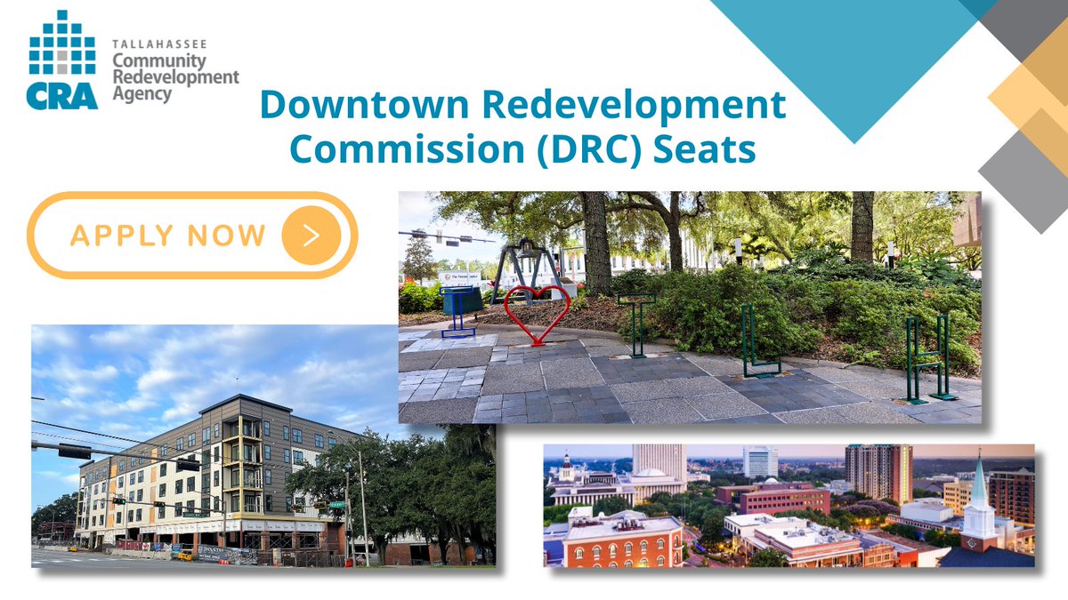 TallahasseeCRA's tweet image. The CRA is accepting applications for Downtown Redevelopment Commission (DRC) seats that will be vacated as of September 30, 2025. The link to apply is talgov.com/transparency/b…
#TallahasseeCRA #RedevelopmentWorks #TallahasseeRedevelopment #Tallahassee #FloridaRedevelopment