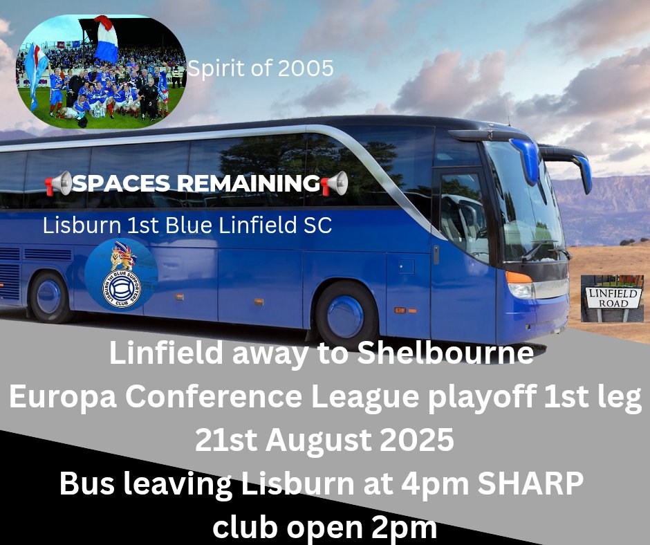 Lisburn 1st Blue Linfield Supporters Club (@1stlisburnlsc) on Twitter photo Huge match this Thursday for <a href="/OfficialBlues/">Linfield FC</a> in Dublin!
Club again running a bus and spaces remain, contact the social media pages or contact a member to book a seat on the bus!
Mon Linfield!!! ๐ช
AFJ ๐ Huge match this Thursday for <a href="/OfficialBlues/">Linfield FC</a> in Dublin!
Club again running a bus and spaces remain, contact the social media pages or contact a member to book a seat on the bus!
Mon Linfield!!! ๐ช
AFJ ๐
