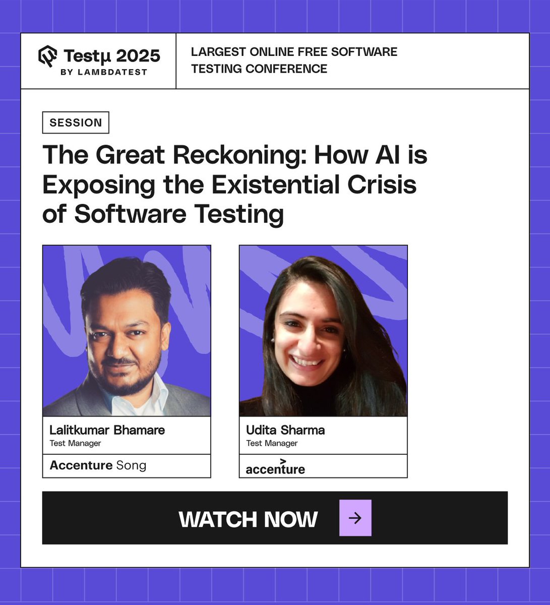 LambdaTest (@lambdatesting) on Twitter photo Join the session: AI isn’t just reshaping testing tools, it’s exposing the existential crisis of testing itself. 🧩 <a href="/Lalitbhamare/">Lalitkumar Bhamare</a> & Udita Sharma, Test Managers from <a href="/AccentureSong/">Accenture Song</a>, reveal why the future belongs to cognitive architects at #TestMuConf 2025 🔗bit.ly/4oGcxIo Join the session: AI isn’t just reshaping testing tools, it’s exposing the existential crisis of testing itself. 🧩 <a href="/Lalitbhamare/">Lalitkumar Bhamare</a> & Udita Sharma, Test Managers from <a href="/AccentureSong/">Accenture Song</a>, reveal why the future belongs to cognitive architects at #TestMuConf 2025 🔗bit.ly/4oGcxIo