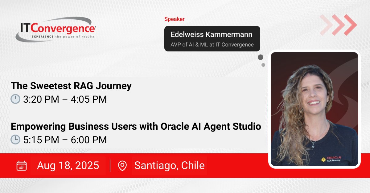 At #LAOUC2025 in Santiago de Chile today? Don’t miss these exciting sessions on Oracle AI presented by <a href="/EdelweissK/">Edelweiss Kammermann</a>, our AVP of AI &amp; ML.

The Sweetest #RAG Journey 🕒 3:20 PM
Empowering Business Users with #OracleAI Agent Studio 🕒 5:15 PM
cloug.cl
#GenAI #AIAgents