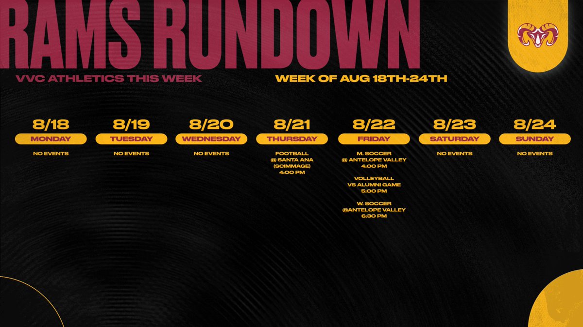 VVC_RAMS's tweet image. 📣 Rams Rundown 🐏
This week at VVC:

🏈 FB kicks off with a scrimmage at Santa Ana
⚽️ Men’s &amp;amp; Women’s Soccer play their first games @ AVC
🏐 Volleyball hosts the Alumni Game at home

📅 Full schedule: athletics.vvc.edu

#RamsRundown #VVCAthletics #GoRams #VVCPride #HornsUp