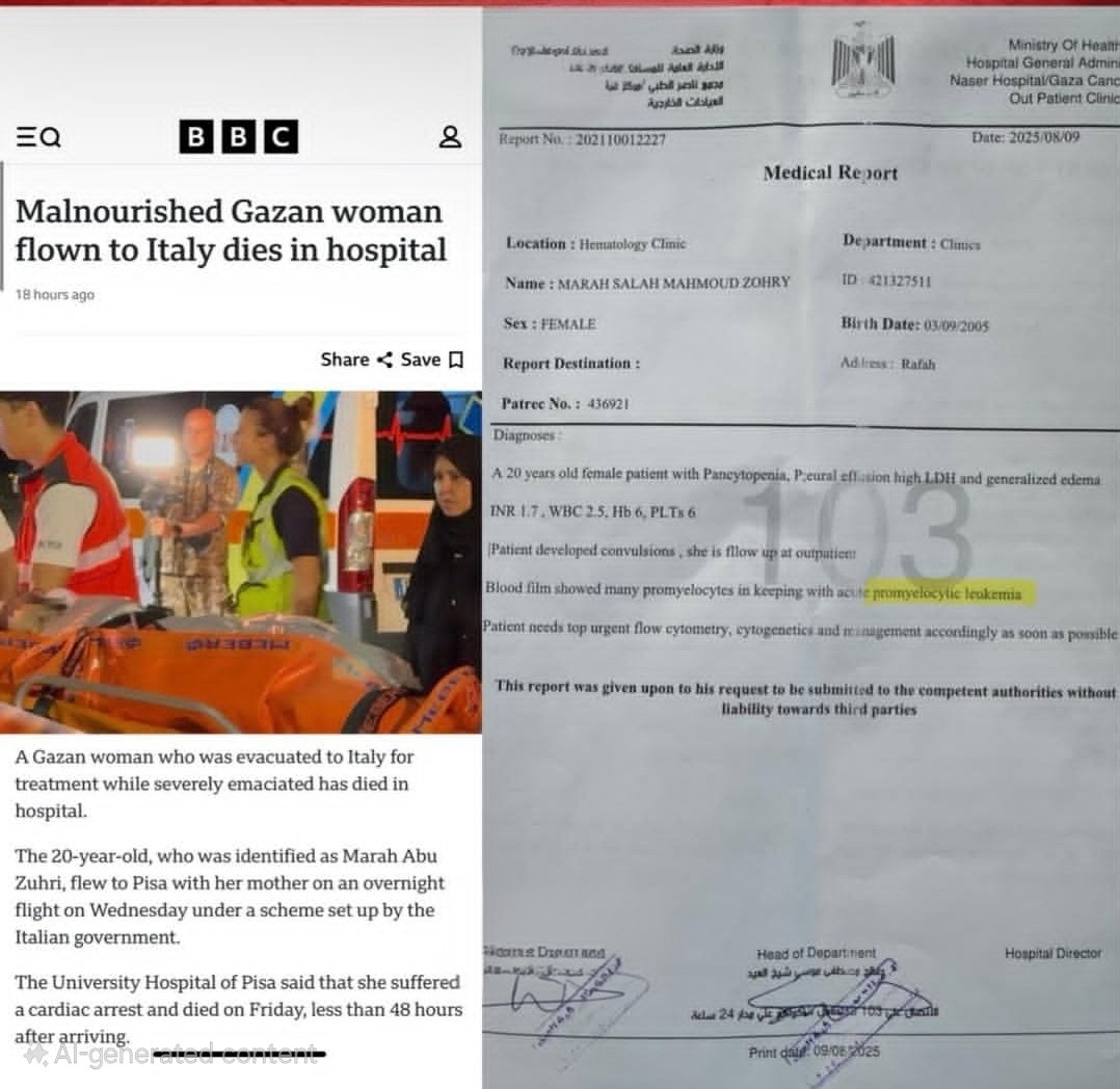 Israel evacuated a critically ill leukemia patient to Italy in an attempt to save her life. She soon died of her disease, one of the effects of which is malnutrition.

BBC: “Look what the Jews did. They starved her.”

Are you still watching BBC?