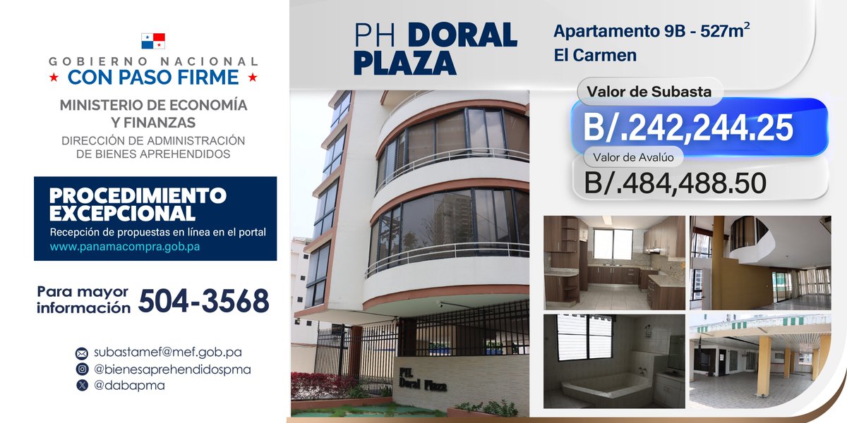 Venta excepcional de contratación en línea del apartamento #9-B en el PH Doral Plaza [El Carmen].

✅ 527 m2

✅ Recepción de propuestas en el portal de PanamaCompra:  lunes 18 al viernes 22 de agosto de 2025.

✅ Acto No. 2025-0-16-01-08-CL-000826

Mayor información: 504-3568