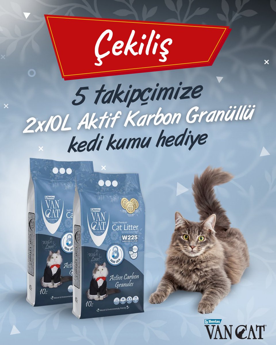 🎁 VanCat Çekilişi! 

Çekilişimize katılmak için: 

✅Sayfamızı takip et,
👍Bu tweeti beğen, retweetle 
🐾Bir arkadaşını yoruma etiketle!  

5 takipçimize 2x10L #VanCat Aktif Karbon Granüllü #KediKumu #Hediye! 

#Çekiliş sonuçları 22 Ağustos'ta açıklanacaktır.
