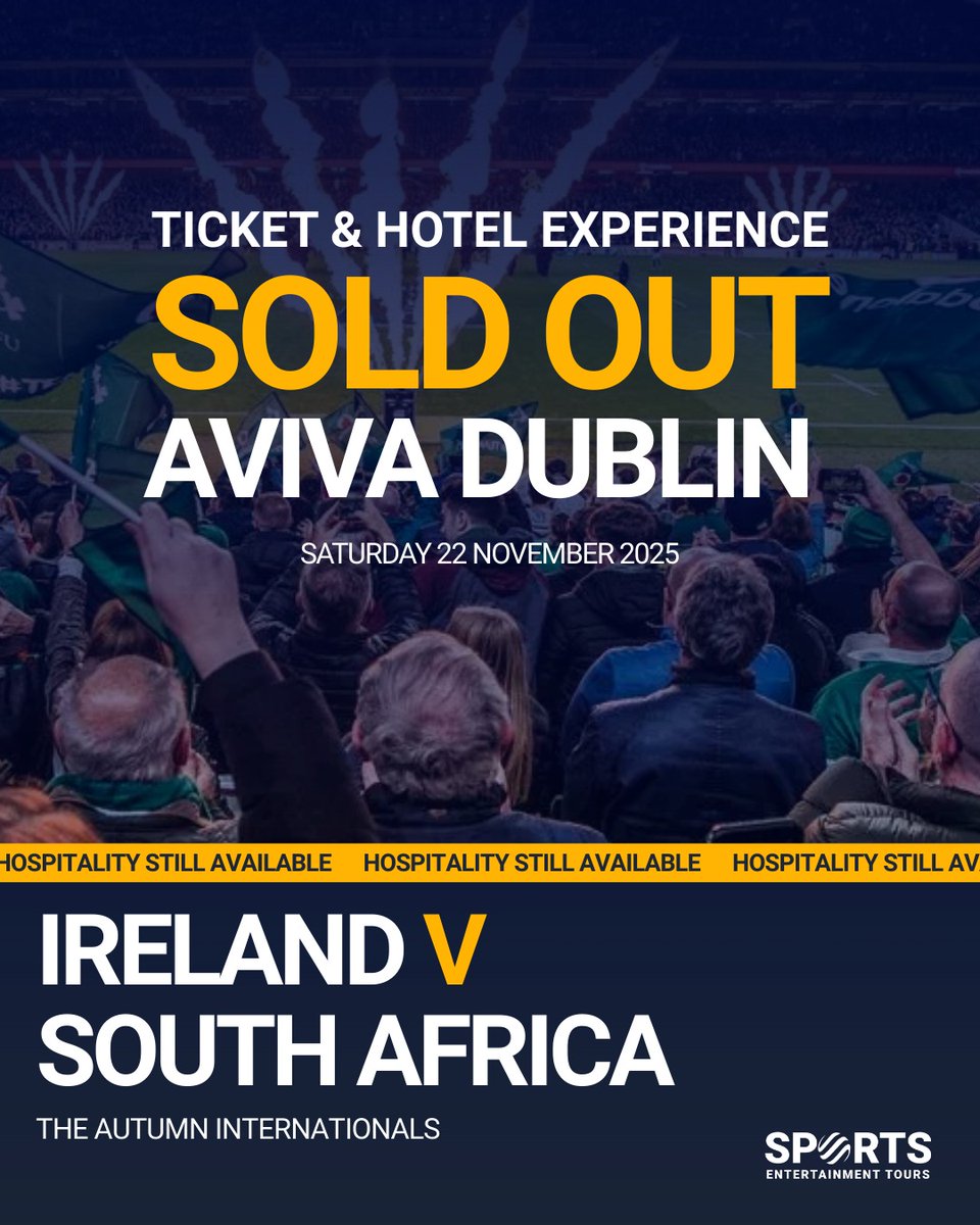 Sports Entertainment Tours (@setourscom) on Twitter photo Update: Ireland v South Africa ๐จ
Our Ticket & Hotel Experiences are now SOLD OUT for this massive clash at the Aviva Stadium.
But donโt worry - you can still secure your place with our exclusive Hospitality Experiences.
info@sportsentertainmenttours.com
+44 (0) 2890 024446 Update: Ireland v South Africa ๐จ
Our Ticket & Hotel Experiences are now SOLD OUT for this massive clash at the Aviva Stadium.
But donโt worry - you can still secure your place with our exclusive Hospitality Experiences.
info@sportsentertainmenttours.com
+44 (0) 2890 024446
