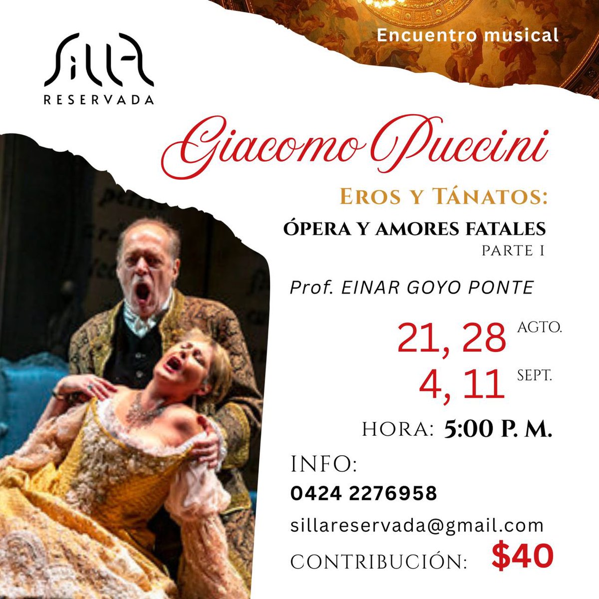 A 101 años de su partida, Giacomo #Puccini sigue hablando al alma con la fuerza de sus personajes y la intensidad de sus pasiones.
Te invitamos a un espacio para disfrutar la #ópera con mirada profunda y espíritu curioso guiado por el Prof. Einar Goyo P <a href="/altoynitido/">Einar Goyo Ponte</a>
