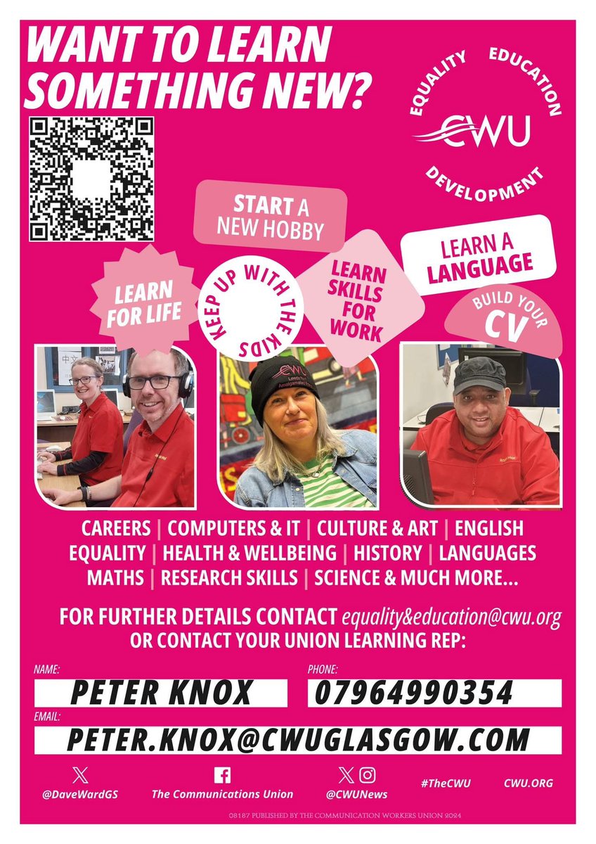 CwuGlasgow's tweet photo. 🎓 Want to boost your skills?
From CV building &amp; work skills to hobbies, languages &amp; more — CWU Learning has something for everyone!

📝 Fill in our Learning Survey &amp; help shape future opportunities ⬇️
https://t.co/o9ugOdODvf

#TheCWU #LearnForLife #UnionLearning #SkillsForWork https://t.co/mSLBGjalLZ