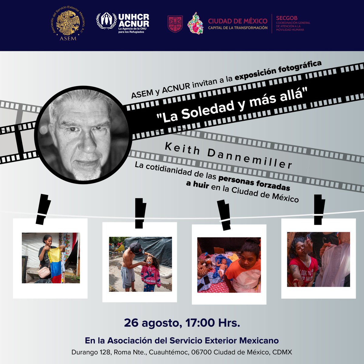 📸 Acompáñanos mañana en la inauguración de “La Soledad y más allá”, la exposición de Keith Dannemiller que retrata la vida cotidiana de personas forzadas a huir.

🗓 26 ago | 17:00 h
📍 Durango 128, Roma Nte., CDMX
<a href="/ASEM_SRE/">ASEM</a>