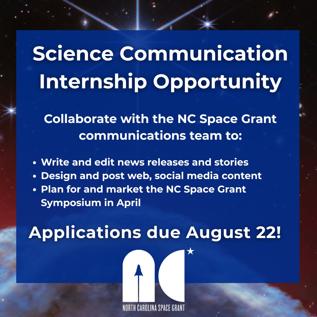 North Carolina Space Grant (@ncspacegrant) on Twitter photo We're hiring a science communication intern! Interested? Email our communication director, Rebecca Jones, at rejone25@ncsu.edu with the following:
🚀Your writing/digital creation experience
🚀Two writing samples
🚀Your resume
🚀Two references We're hiring a science communication intern! Interested? Email our communication director, Rebecca Jones, at rejone25@ncsu.edu with the following:
🚀Your writing/digital creation experience
🚀Two writing samples
🚀Your resume
🚀Two references