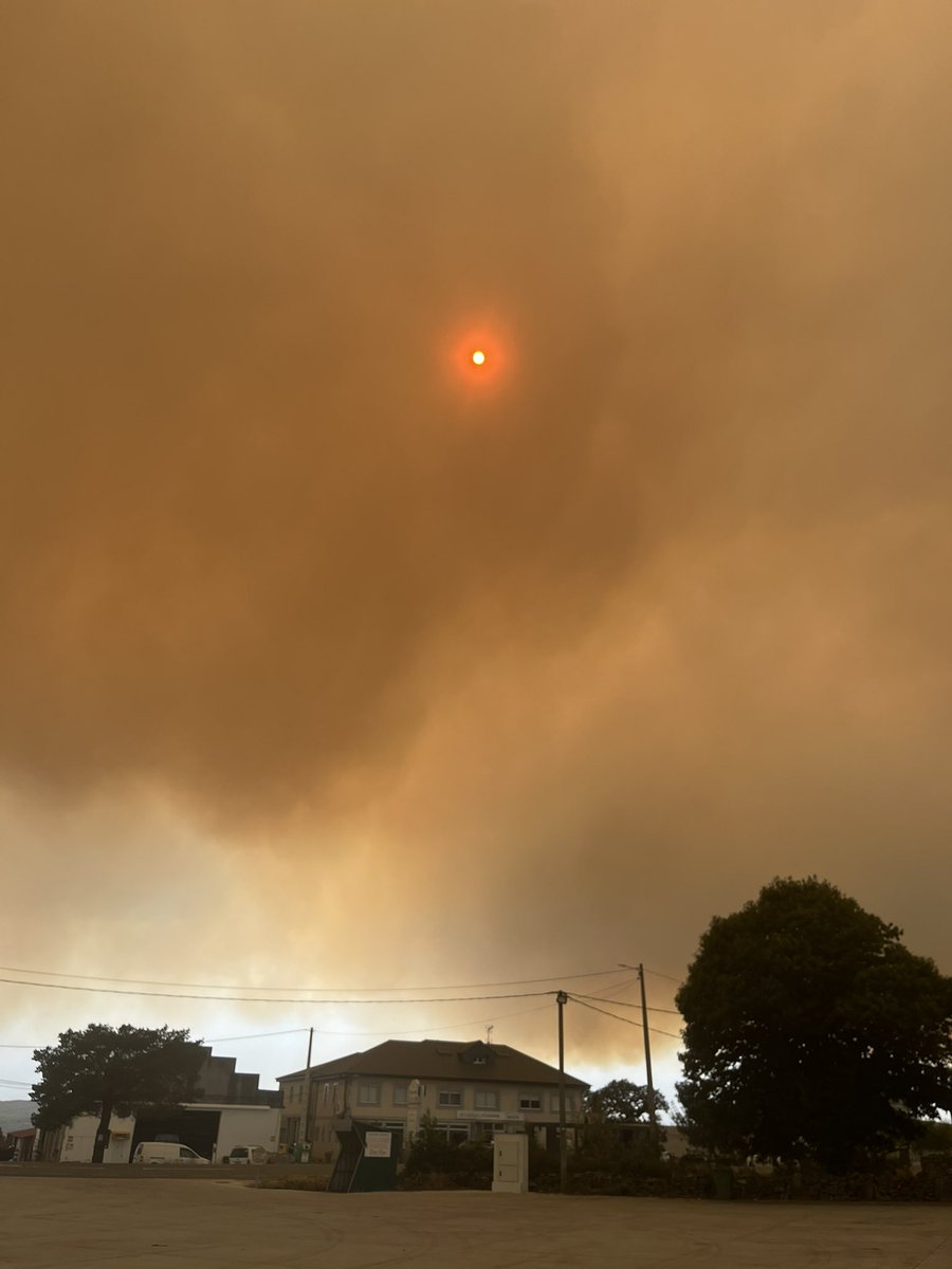 Ourense es, estos días, una zona distópica. El olor picante, la ceniza flotante, el cielo intoxicado, el sol marciano, las columnas de humo como hilos en las laderas y valles.