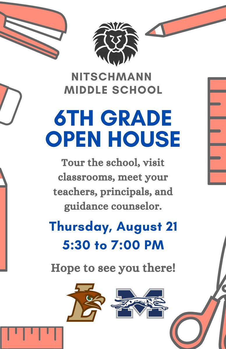 We will hold an open house for all incoming grade 6 students on Thursday, August 21st from 5:30 to 7:00 PM. We hope to see you all there!