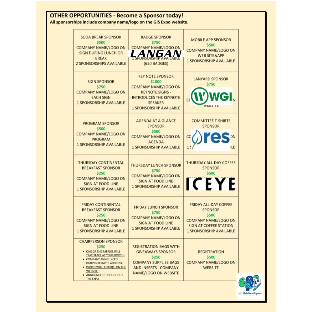 Visit our website for information on how to become a sponsor! 
.
…a-gis-expo-pbcgisforum.hub.arcgis.com...
.
#GIS #SFGISExpo #PBCGISForum