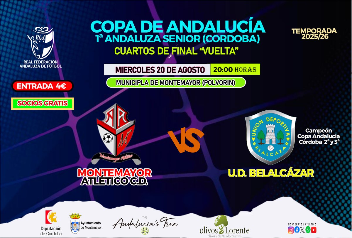 📣 MIÉRCOLES | 20:00H | EL POLVORÍN
Nuestro equipo senior se juega el pase a semifinales de la Copa de Andalucía de Primera Andaluza Córdoba.
🔥 Todos al Polvorín para animar.
🔥 Todos con nuestros jugadores.
🔥 Todos con nuestros colores.
🔴 ¡Vamos Rojillos, vamos Montemayor! ⚫
