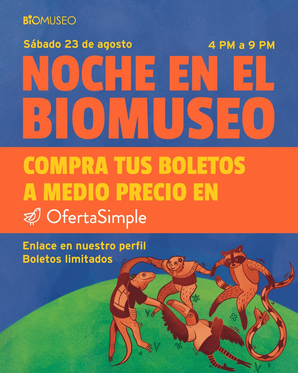 biomuseo's tweet photo. Acompáñanos este sábado 23 de agosto de 4 PM a 9 PM a una Noche en el Biomuseo 💥

📢Aprovecha los boletos para adultos a 50% de descuento en https://t.co/38qRcjgIXk

Boletos limitados https://t.co/pL98a5DOyY