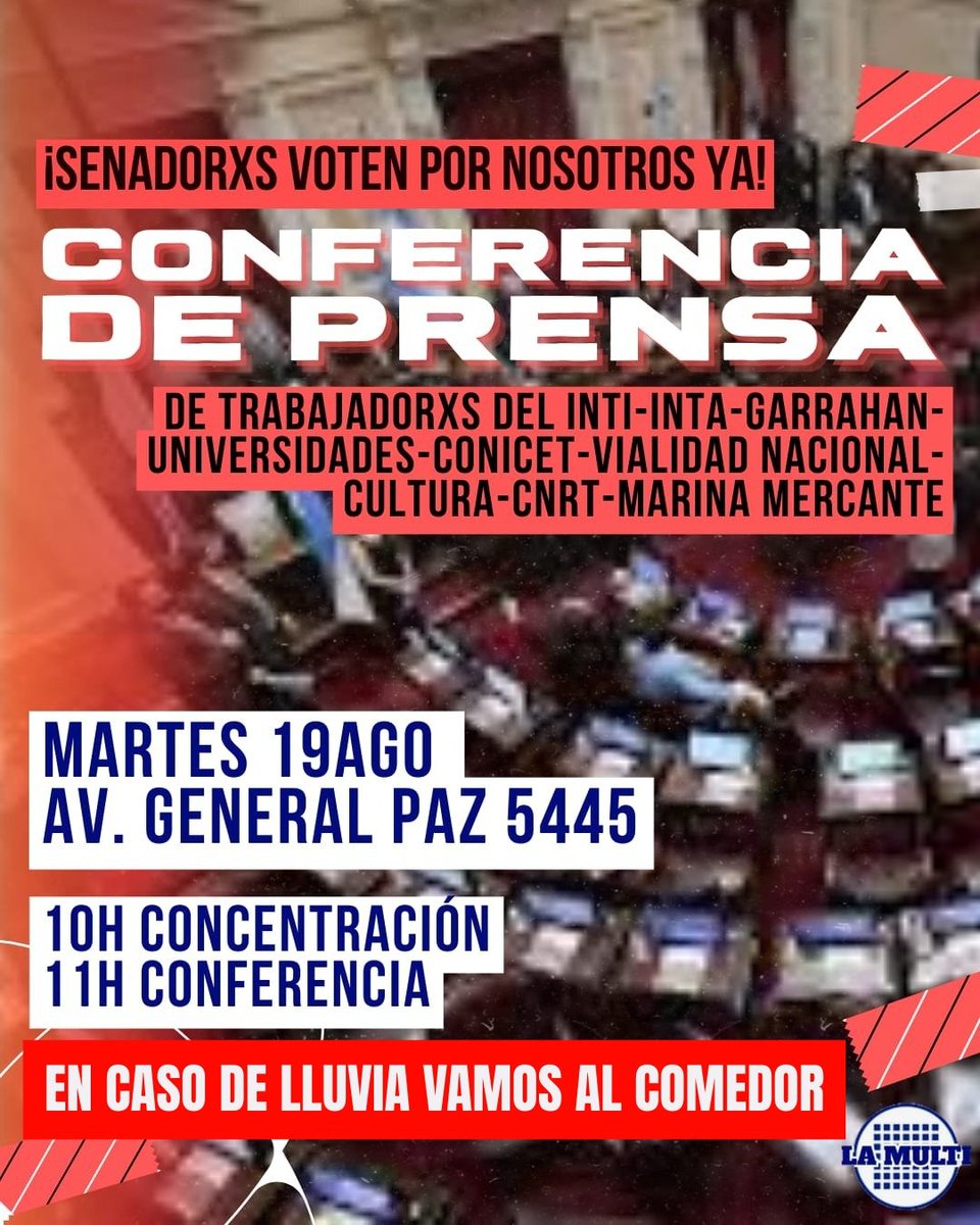 lamulti_inti's tweet photo. ‼️MAÑANA
📢Esperamos a TODXS para la CONFERENCIA DE PRENSA por nuestra soberanía, nuestra salud, nuestra ciencia y técnica, y NUESTROS DERECHOS!
#INTI #NoAl462 #DefendamosLaIndustriaNacional #Senado #AgostoSinDecreto #ELINTINOSETOCA #ENINTINOSOBRANADIE #INTIFEDERAL https://t.co/14hdiJ452P