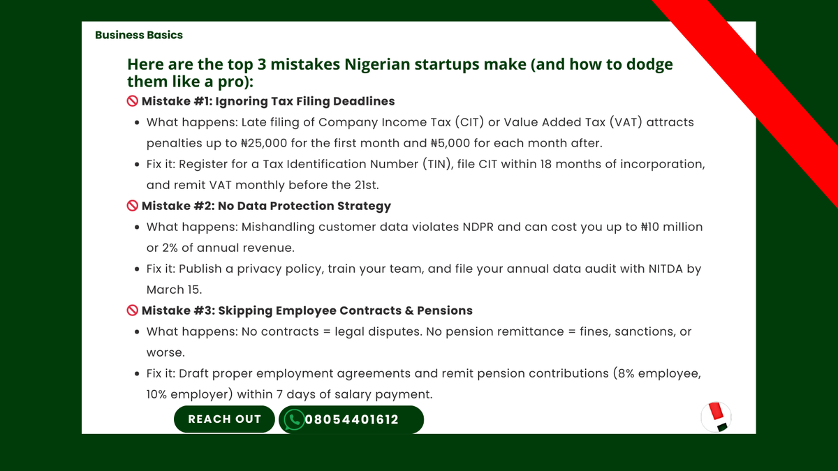 JCS_NG's tweet photo. “We didn’t know” won’t save your business from fines. Stop Losing Money to Avoidable Mistakes 🚨

Here are the top 3 compliance mistakes Nigerian startups make, and how to fix them fast.

#StartupTips #AvoidFines #businessbasics #taxfiling #jcsclientservices #DataProtection https://t.co/ZX3Ztof9Cn