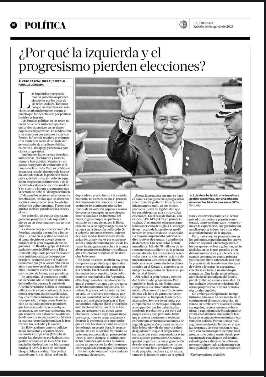 ¿Por qué pierde el progresismo después de años en el poder?
Excelente análisis de <a href="/alvaro_linera/">AlvaroGarciaLinera</a>: los proyectos personales superaron a los de país, fragmentando la unidad popular y permitiendo el retorno de viejas oligarquías disfrazadas de juventud e “innovación económica”, con
