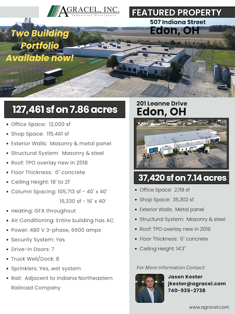 GrowWithAgracel's tweet image. Industrial space in Edon, OH is ready for your operation! Two building portfolio available now. Contact
@GrowWithAgracel&apos;s Jason Kester for more info. #MFG #WeDevelop #MoreThanJustBuildings #CRE