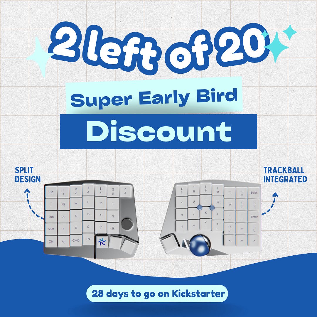 UniboardTech's tweet image. 🚨Only 2 left of our Super Early Bird Discount!

28 days to go on Kickstarter ⏳
Don’t miss out! Once Super Early Bird is gone, it’s gone for good. 🏃💨
But don’t worry, we still have Early Bird offers waiting for you!

kickstarter.com/projects/unibo…

#kickstarter #keyboard #ergonomics