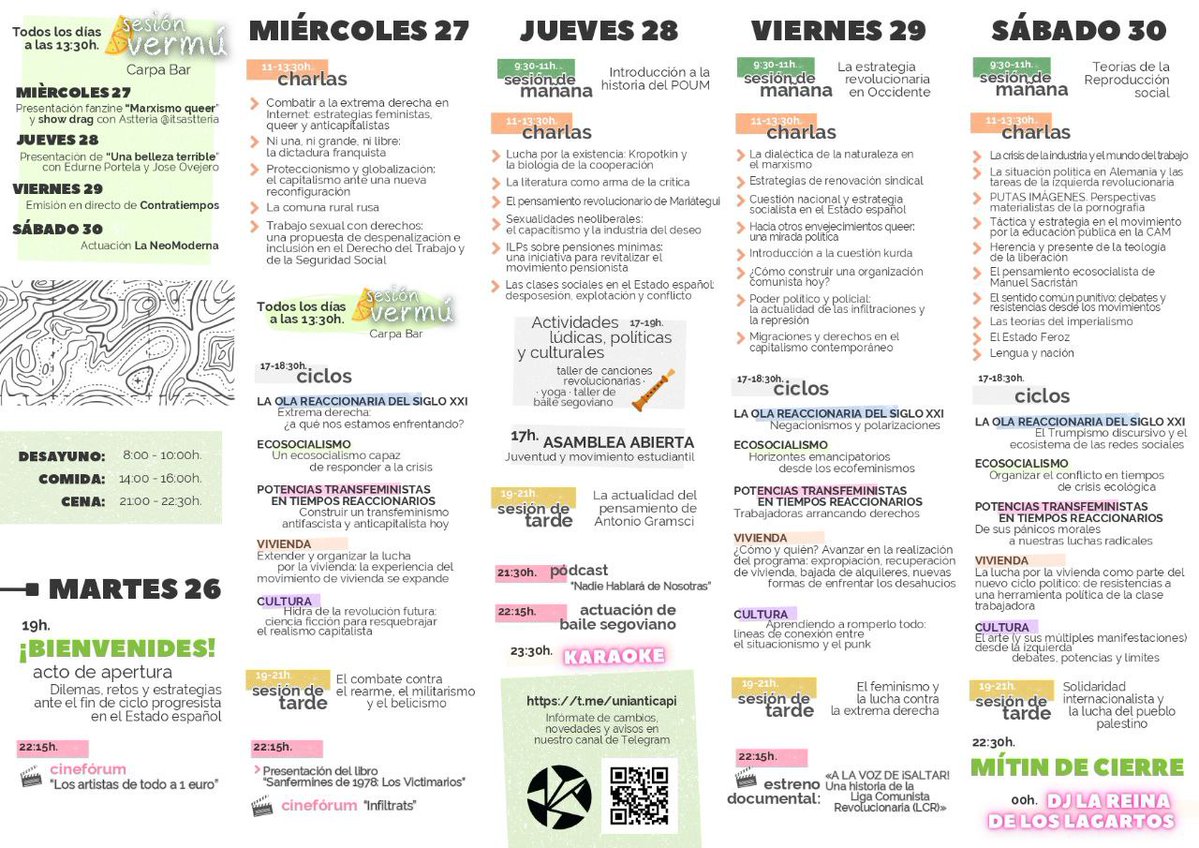 🌿 El programa completo de la XV Universidad de Verano Anticapitalista de un vistazo.

🎟️ Puedes ver los detalles e inscribirte en unianticapi.info