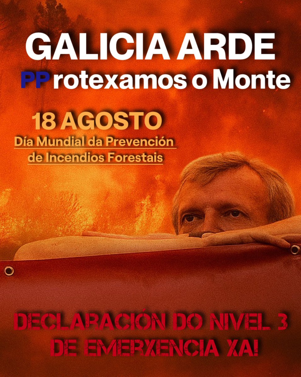 Hoxe, Día Mundial da 🌳Prevención dos 🔥Incendios Forestais, lembremos que a prevención non se fai con discursos, senón con 🚒👩‍🚒 recursos.

Mentres Galicia ardía, Rueda estaba na barreira vendo os touros. Galicia precisa políticas valentes e dignidade para os bombeiros forestais!
