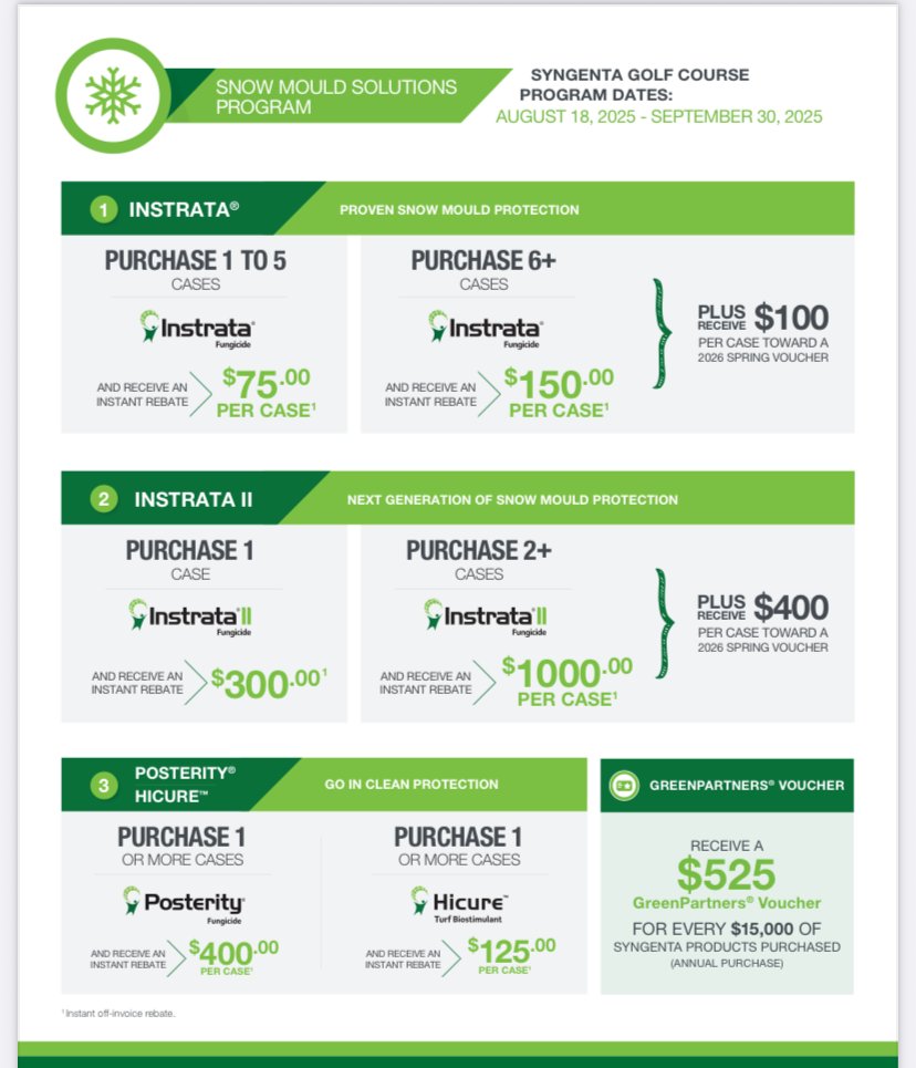 Starting today, take advantage of savings from <a href="/SyngentaTurfCA/">SyngentaTurfCanada</a> through your <a href="/TurfPlantProd/">Plant Products Turf</a> representative. The 2025 Snow Mould Solutions Program ends on September 30th. Don't hesitate to book your Instrata, Instrata Il, Posterity, and HiCure.
