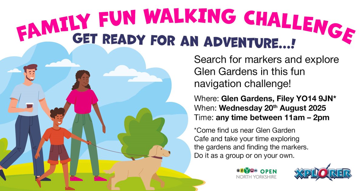 Our next fun family Xplorer navigation challenge will be held on Wednesday 20th August at Glen Gardens, Filey.
Why not come along and join us for lots of free family fun.
We will be outside the café entrance from 11:00 – 2:00 pm.
<a href="/northyorksc/">North Yorkshire Council</a>