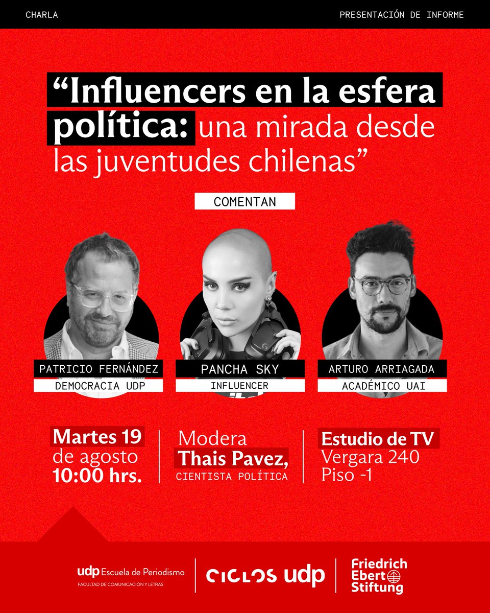 Marcelo Santos (@celoo) on Twitter photo Mañana en Vergara 240, con <a href="/klau_ramirez/">Claudia Ramírez</a> lanzamos el informe "Influencers en la esfera política", foco en juventudes chilenas, apoyados por <a href="/FESChile/">Friedrich Ebert Stiftung en Chile</a>, con <a href="/PatoFdez/">Patricio Fernández</a> <a href="/panchasky/">Francisca Sky</a> y <a href="/artarriagada/">Arturo Arriagada</a> para una nutrida conversación sobre los resultados. Informe: library.fes.de/pdf-files/buer… Mañana en Vergara 240, con <a href="/klau_ramirez/">Claudia Ramírez</a> lanzamos el informe "Influencers en la esfera política", foco en juventudes chilenas, apoyados por <a href="/FESChile/">Friedrich Ebert Stiftung en Chile</a>, con <a href="/PatoFdez/">Patricio Fernández</a> <a href="/panchasky/">Francisca Sky</a> y <a href="/artarriagada/">Arturo Arriagada</a> para una nutrida conversación sobre los resultados. Informe: library.fes.de/pdf-files/buer…