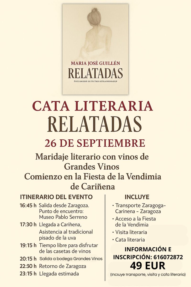 ¡Por fin os lo puedo contar! He organizado con <a href="/GrandesVinos_CA/">Grandes Vinos</a> una cata literaria de mi libro #Relatadas el próximo día 26 de septiembre, un maridaje literario con vinos y visita a la #FiestadelaVendimia de #Cariñena.  ¿Te la vas a perder? 

<a href="/vino_piedras/">D.O. Cariñena | El Vino que Nace de las Piedras</a> #DOCariñena #relatos