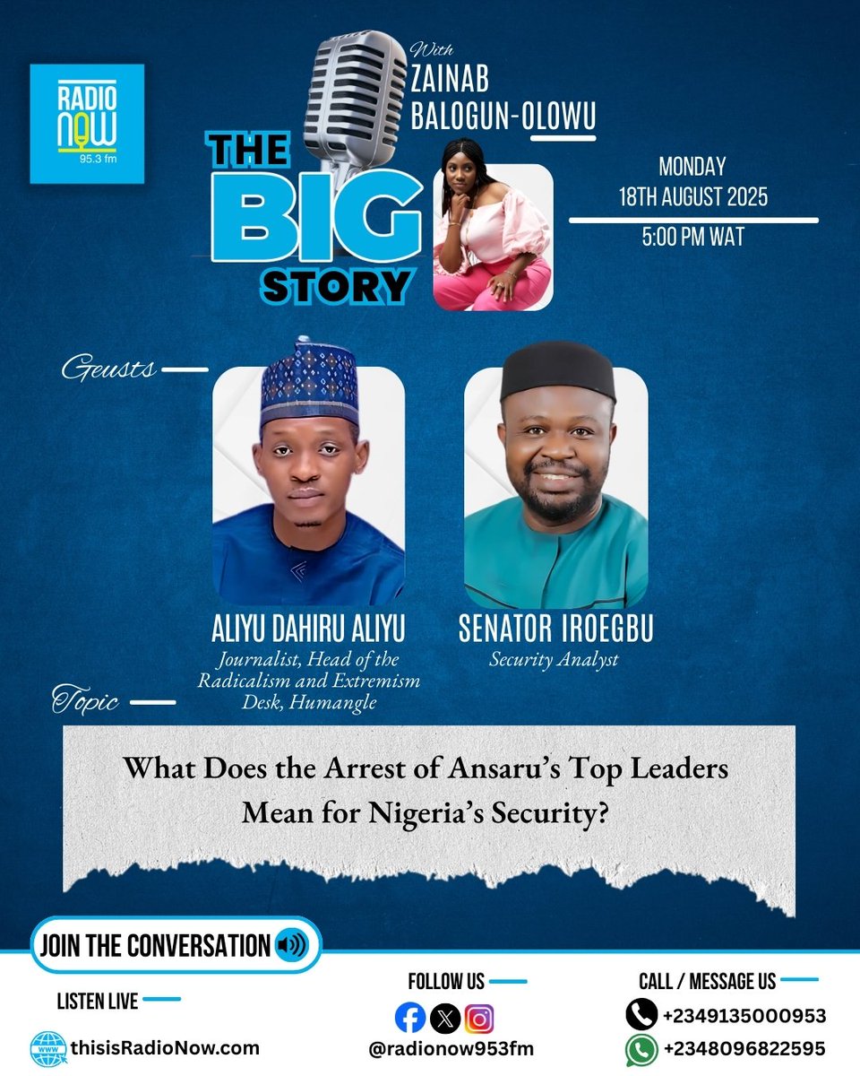 Today on #TheBigStory with Zainab Balogun-Olowu 

Guests: Aliyu Dahiru Aliyu and Senator Iroegbu 

🕝 5:00 PM | Radio Now 95.3FM
🌐 Stream Online: thisisradionow.com
📞 Call In: 0913 500 0953
💬 WhatsApp: 0809 682 2595

#RadioNow953FM #insecurity
Follow &amp; Share