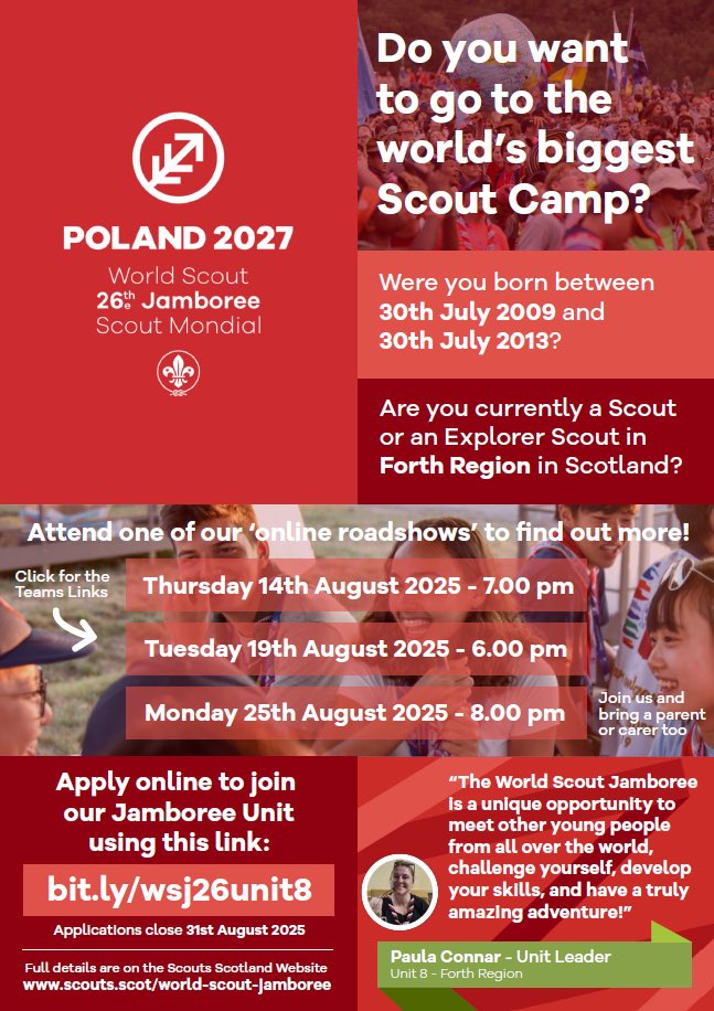 Applications are now open for young people in Forth Region to attend the next World Scout Jamboree in Poland in Summer 2027! 🙌

This event brings together Scouts from around the world for an unforgettable experience.🌍 For more info see below or visit: scouts.scot/world-scout-ja… ⚜️